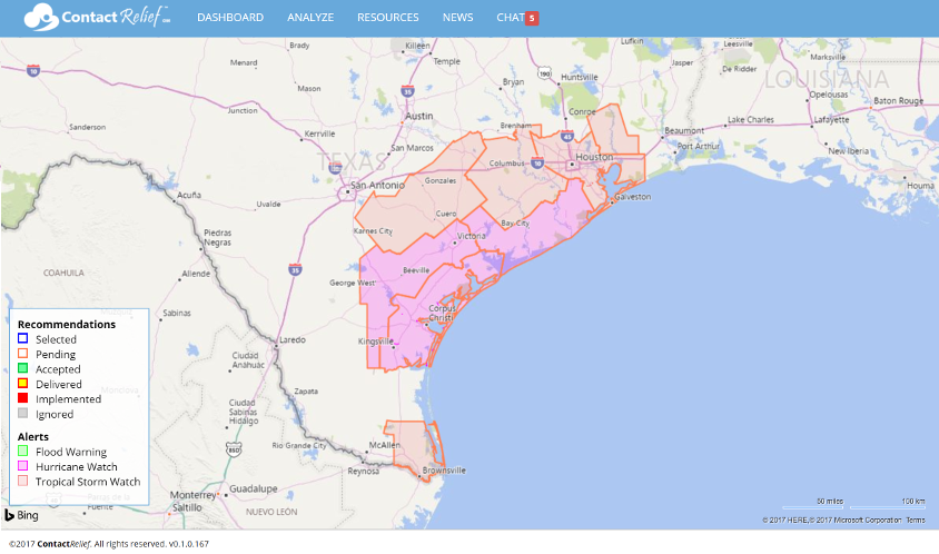 Hurricane Watches are depicted along the Texas coast as of result of the approaching Tropical Storm Harvey.